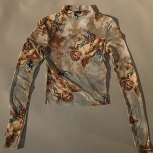 Urban Outfitters Angel Print Crop Top - Brown and Cream